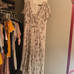 Grey, pink, and white striped and floral romper.